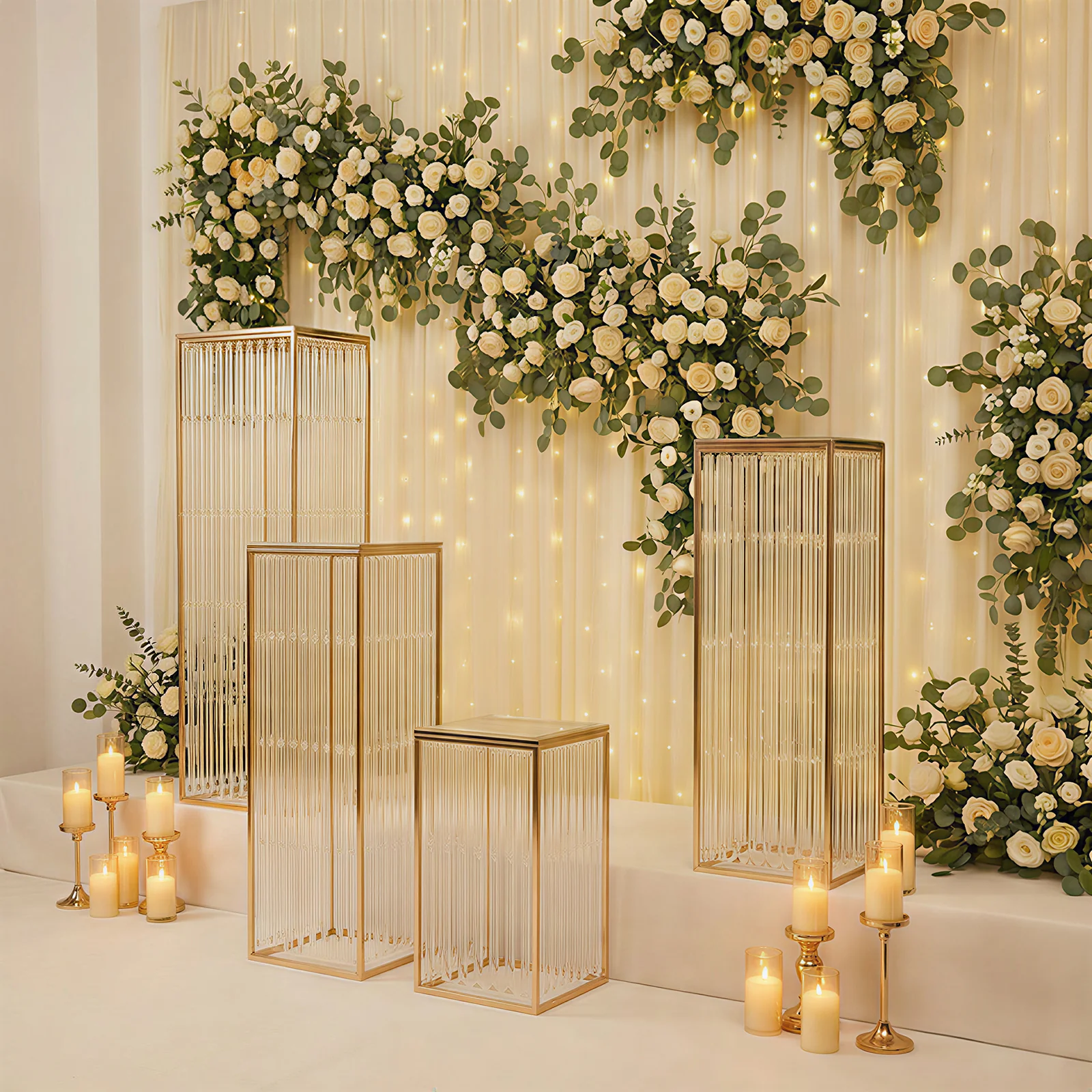 Gold Metal Pedestal Stands – Set of 4 Pre-Assembled Rectangular Cake and Floral Display Risers with Acrylic Top & Crystal Pendant Strip Chains – 16", 24", 32", 40" - Image 9