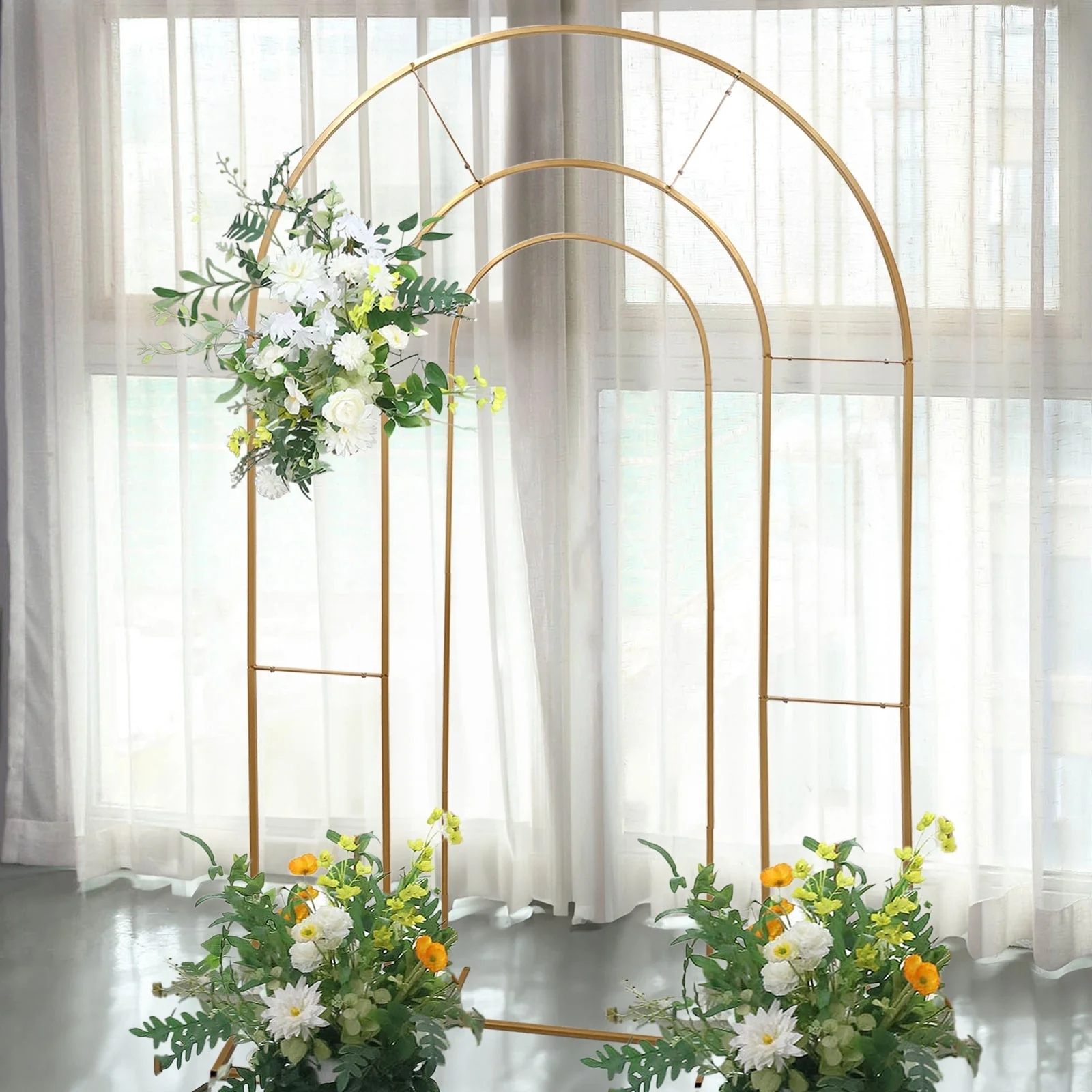Set of 2 Gold Metal Round Top Chiara Backdrop Stand Wedding Arches, Double Arch Floral Balloon Frame Ceremony Arbors - 6ft,8ft - Image 2