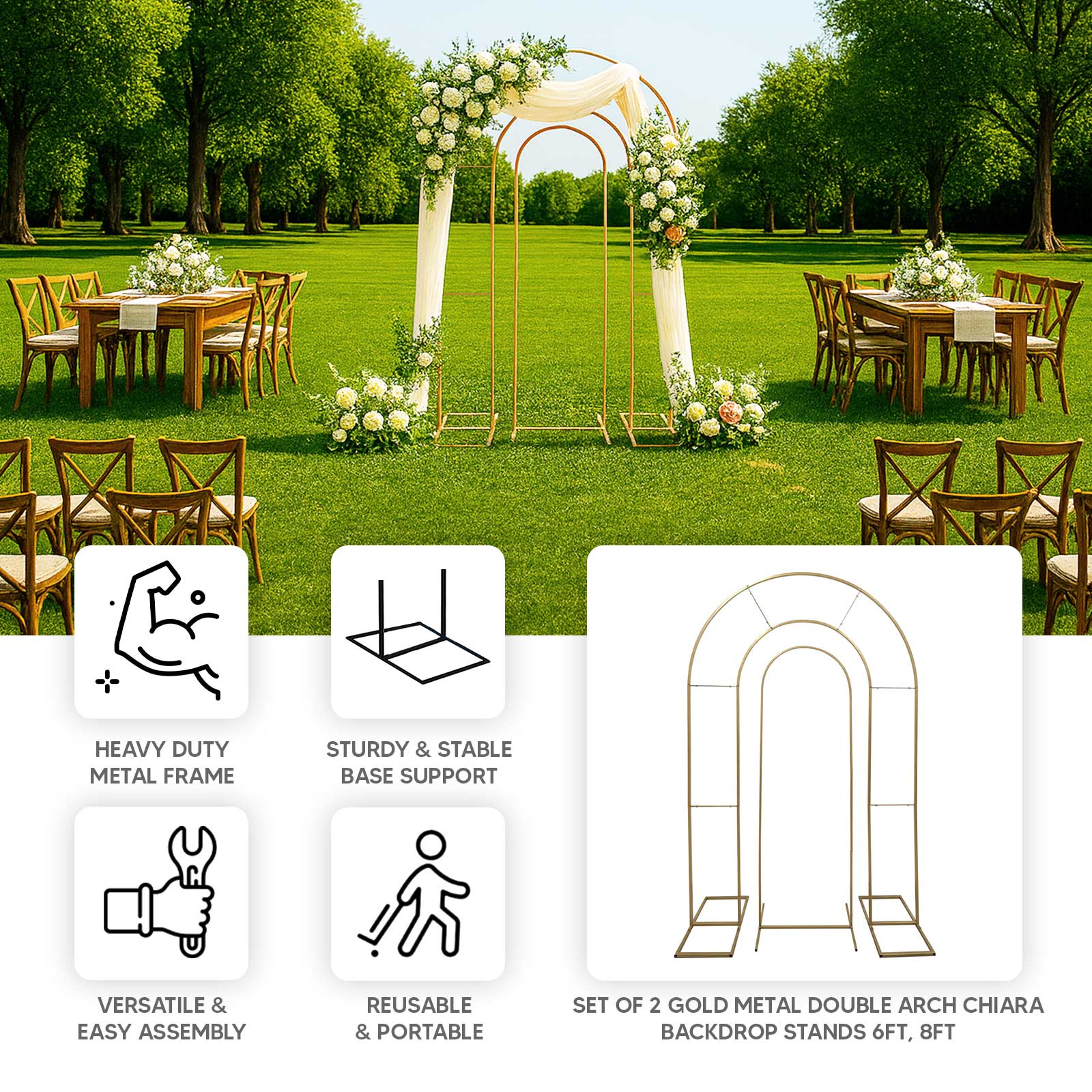 Set of 2 Gold Metal Round Top Chiara Backdrop Stand Wedding Arches, Double Arch Floral Balloon Frame Ceremony Arbors - 6ft,8ft - Image 4