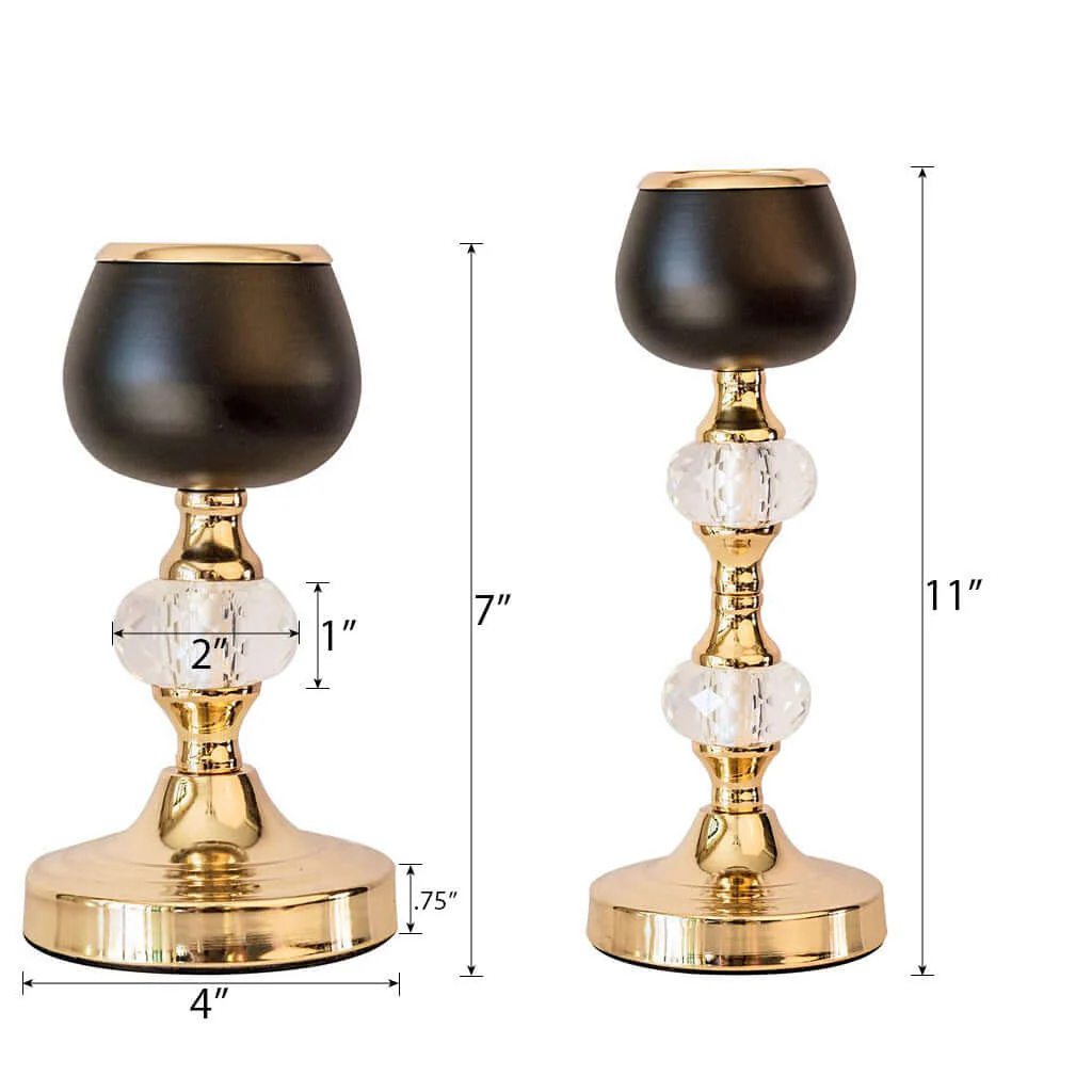 Set of 2 Metal Crystal Lamp Candle Holders Gold/Black - Sophisticated Votive Tealight Stands 7", 11" - Image 3