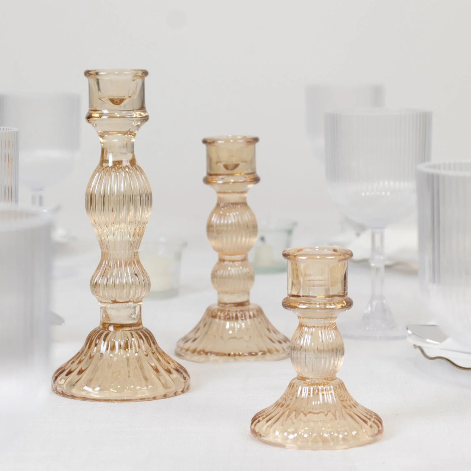Set of 3 Amber Gold Ribbed Glass Taper Candlestick Holders, Fluted Crystal Candle Stands - 4", 6", 8" - Image 3