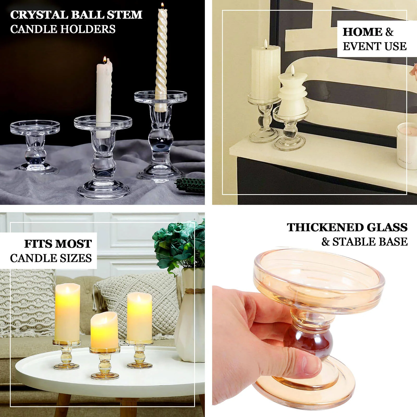 Set of 3 Glass Pillar Candle Holders Amber Gold with Round Tray - Crystal Ball Stem Taper Candlestick Tea Light Stands 3.5", 4.5", 5.5" - Image 3