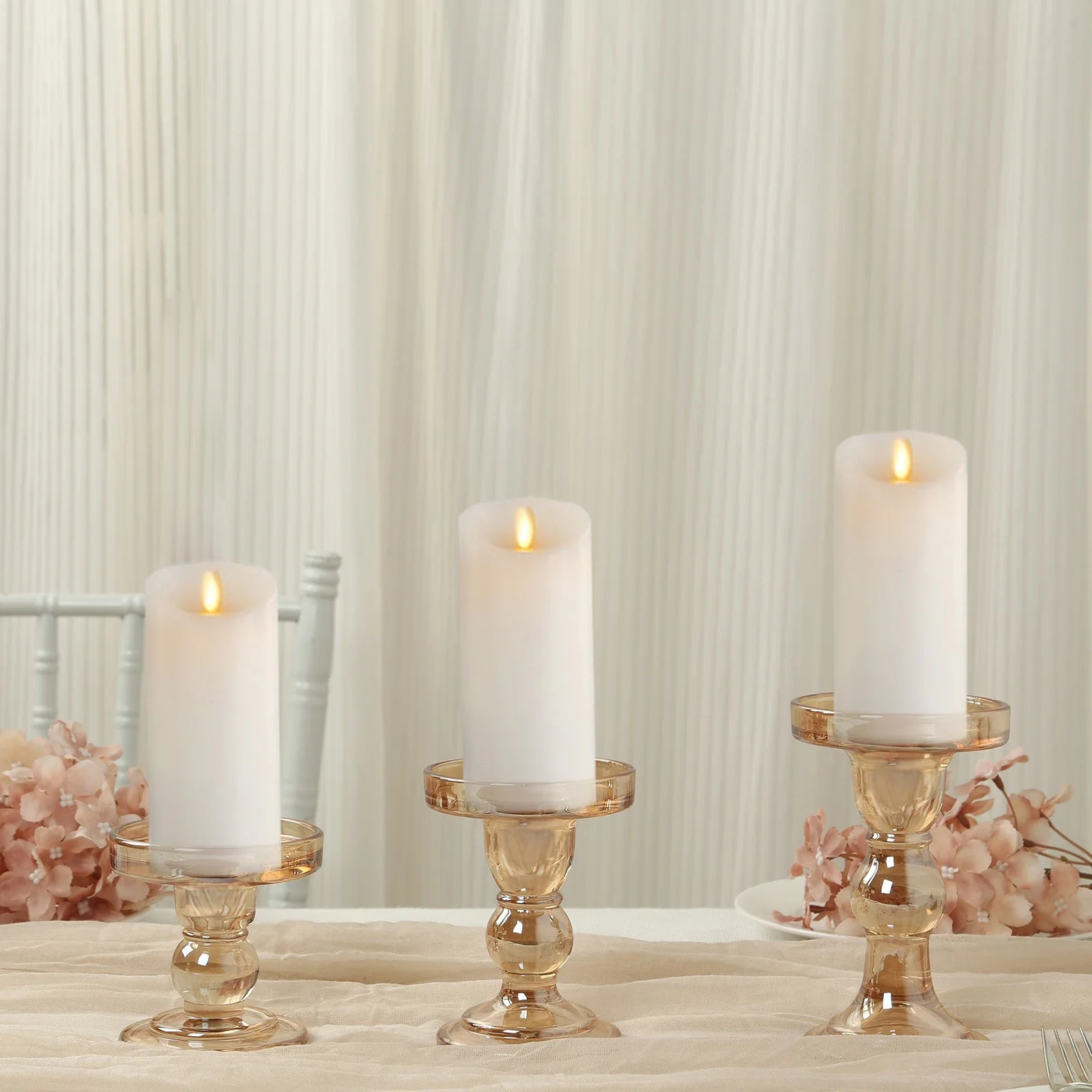 Set of 3 Glass Pillar Candle Holders Amber Gold with Round Tray - Crystal Ball Stem Taper Candlestick Tea Light Stands 3.5", 4.5", 5.5" - Image 7