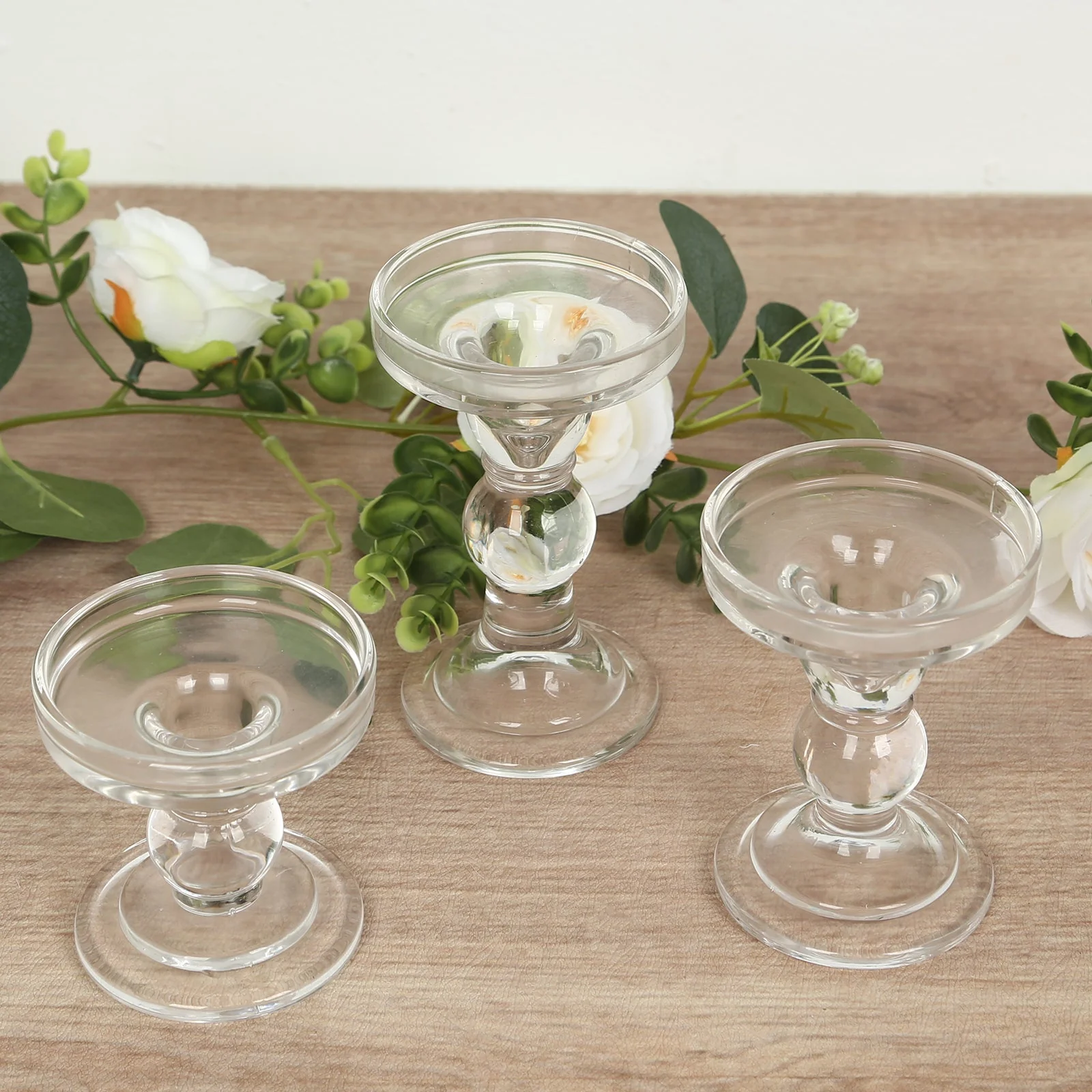 Set of 3 Glass Pillar Candle Holders Clear with Round Tray - Crystal Ball Stem Taper Candlestick Tea Light Stands 3.5", 4.5", 5.5" - Image 2