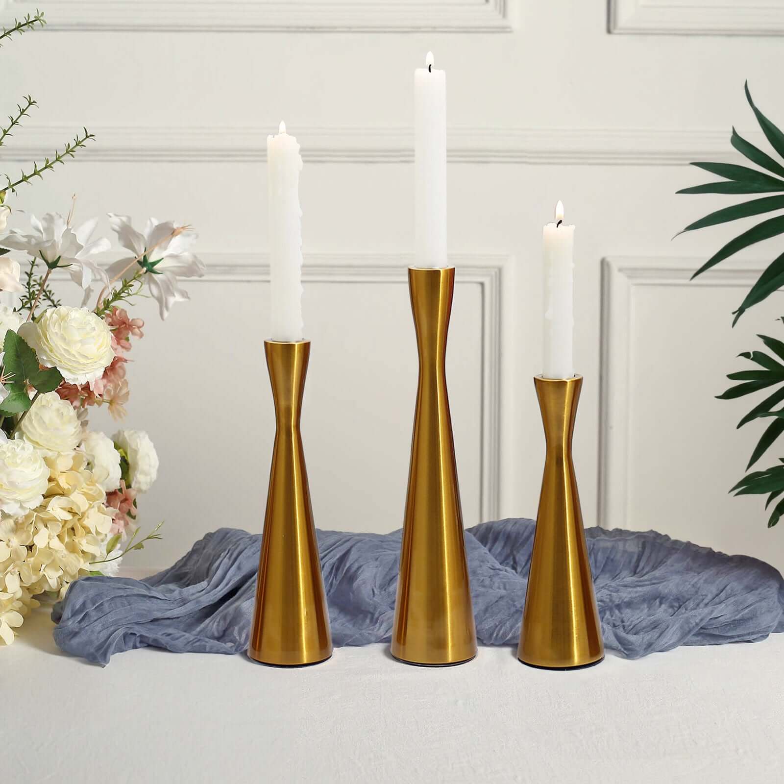 Set of 3 Hourglass Taper Candle Holders Gold Metal Nordic European Design - Tabletop Decor 8", 9", 11" - Image 6