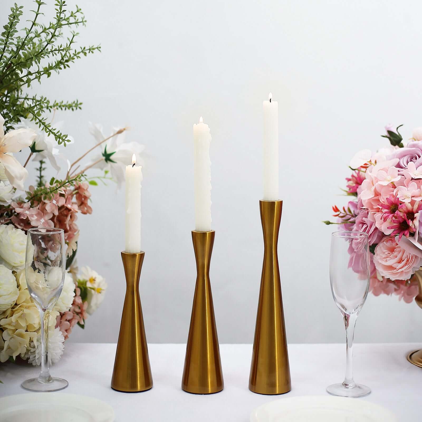Set of 3 Hourglass Taper Candle Holders Gold Metal Nordic European Design - Tabletop Decor 8", 9", 11" - Image 8