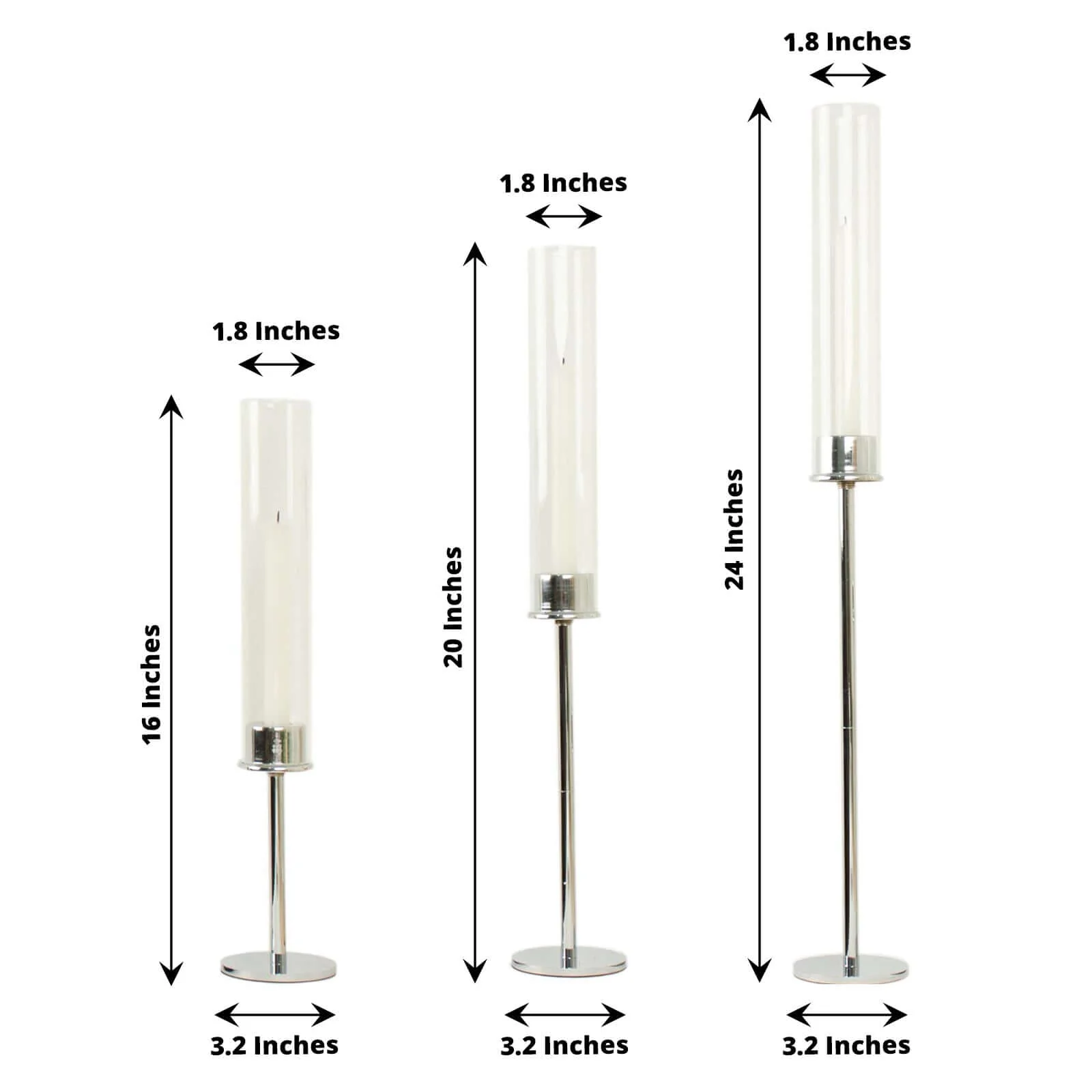 Set of 3 Tall Silver Metal Taper Candlestick Holders, Clear Glass Hurricane Candle Stands With Chimney Candle Shades 16", 20", 24" - Image 3