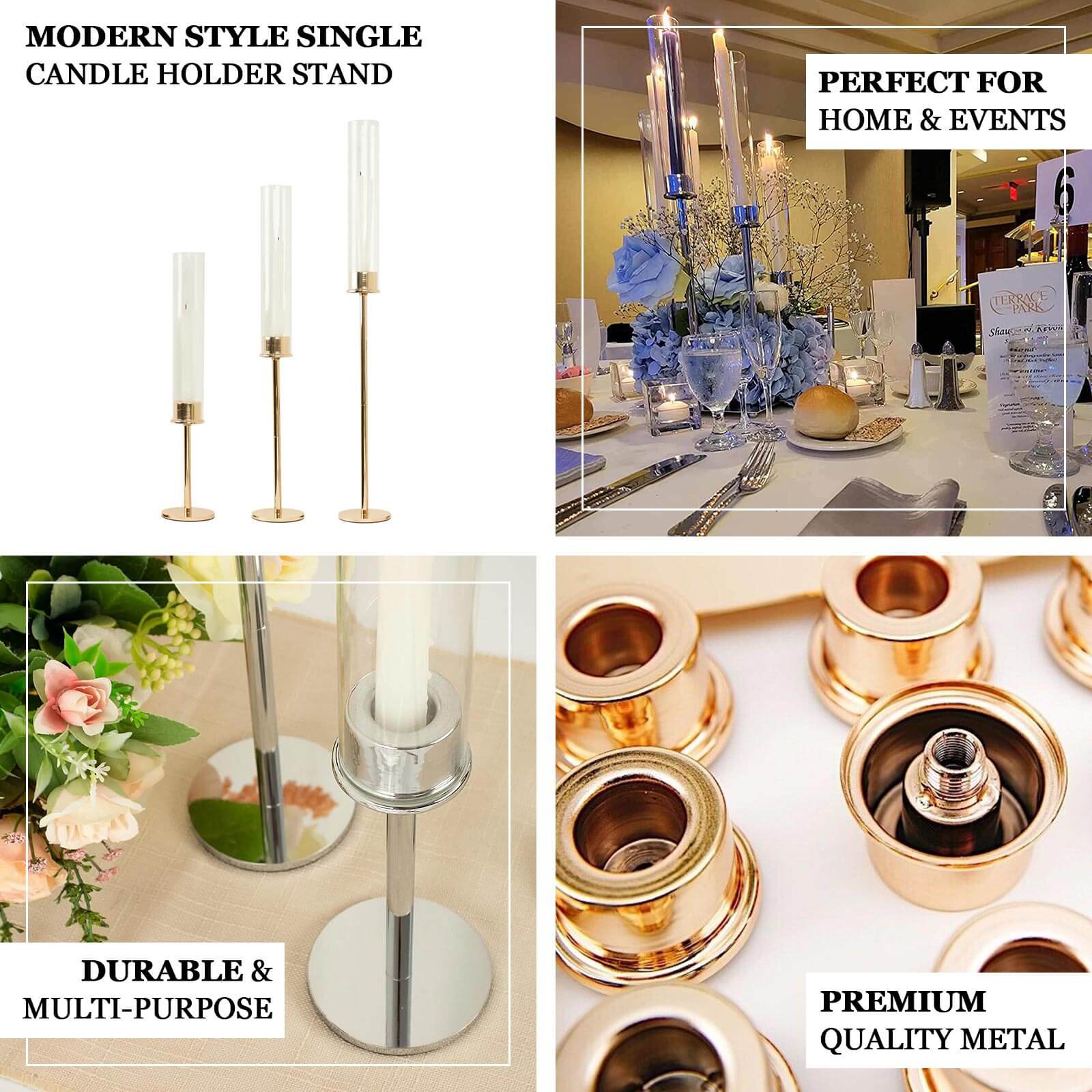 Set of 3 Tall Silver Metal Taper Candlestick Holders, Clear Glass Hurricane Candle Stands With Chimney Candle Shades 16", 20", 24" - Image 4