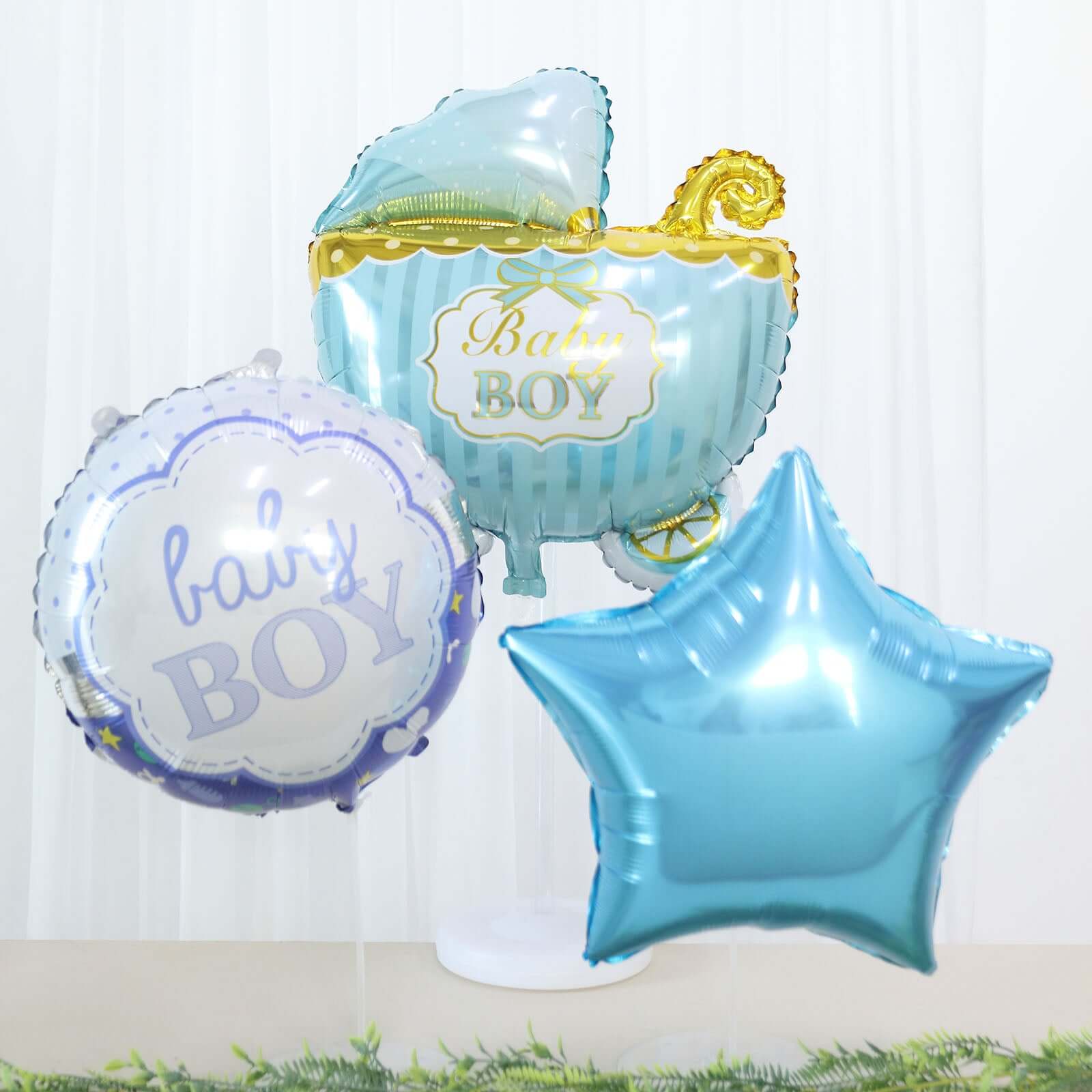 Set of 5 Blue White Boy Baby Shower Mylar Foil Balloon Set, Star, Round and Baby Carriage Balloon Bouquet With Ribbon, Gender Reveal Party Decorations - Image 4