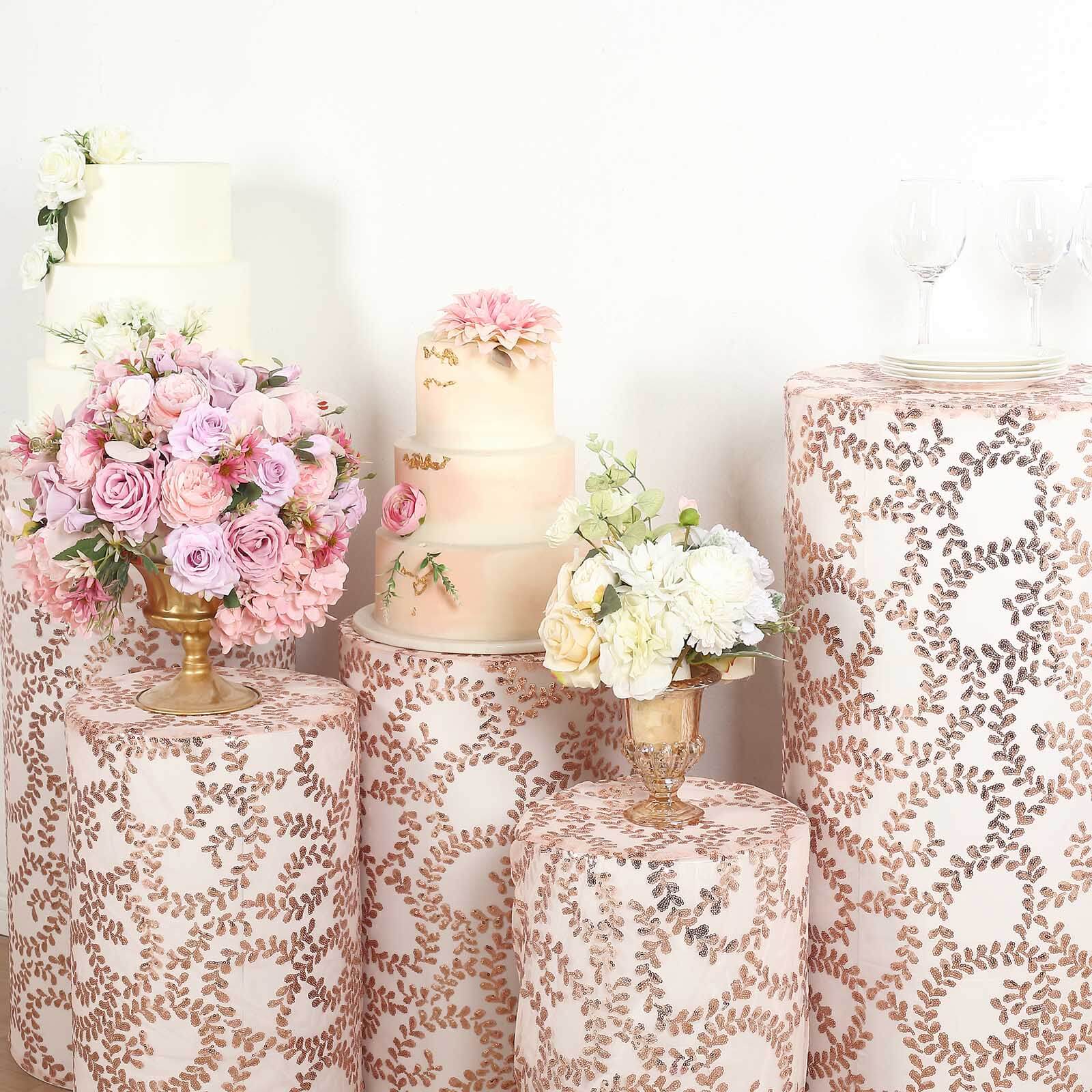 Set of 5 Rose Gold Sequin Mesh Cylinder Pedestal Stand Covers with Leaf Vine Embroidery, Sparkly Sheer Tulle Pillar Prop Covers - Image 7