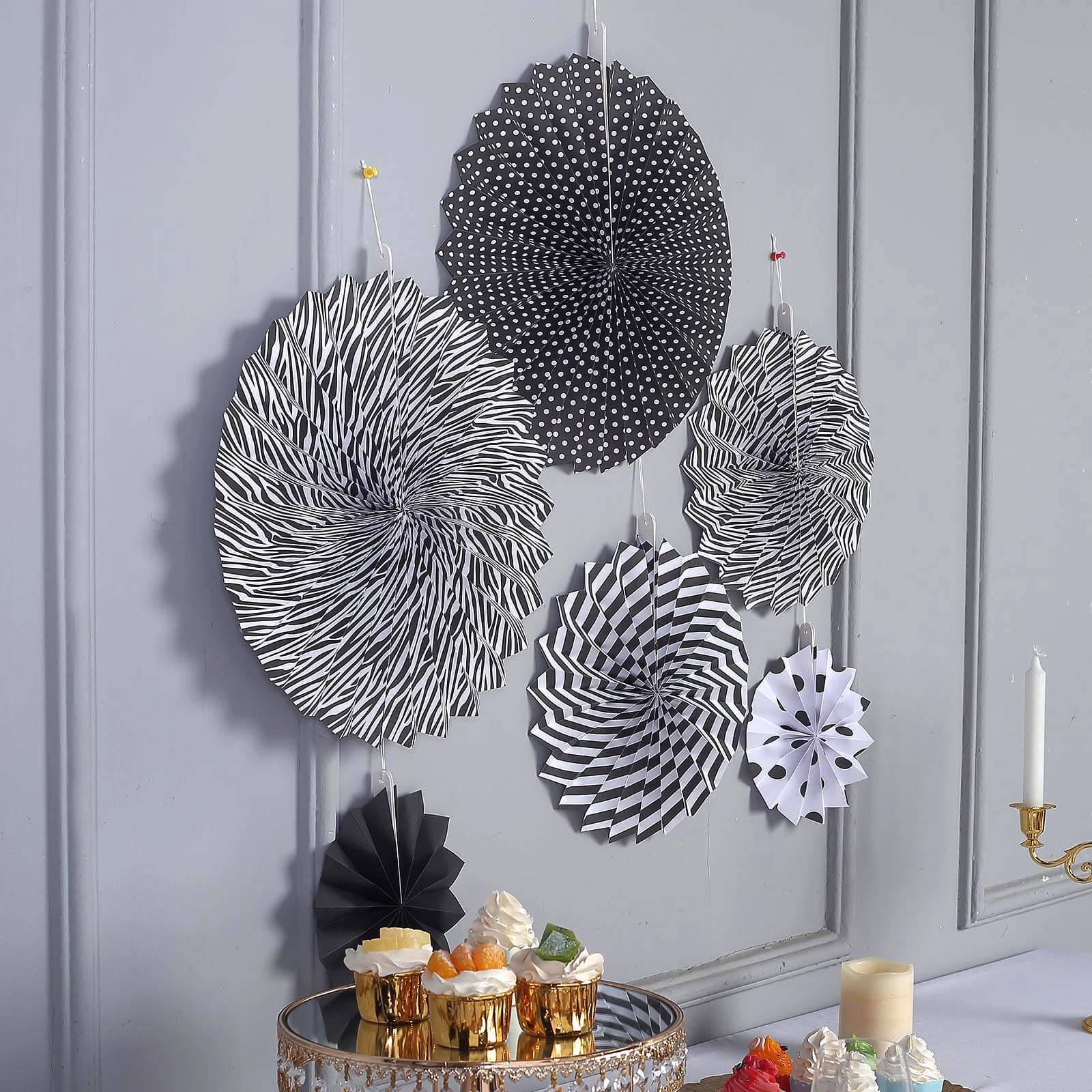 Set of 6 Black White Hanging Paper Fan Decorations, Pinwheel Wall Backdrop Party Kit - 8", 12", 16" - Image 8