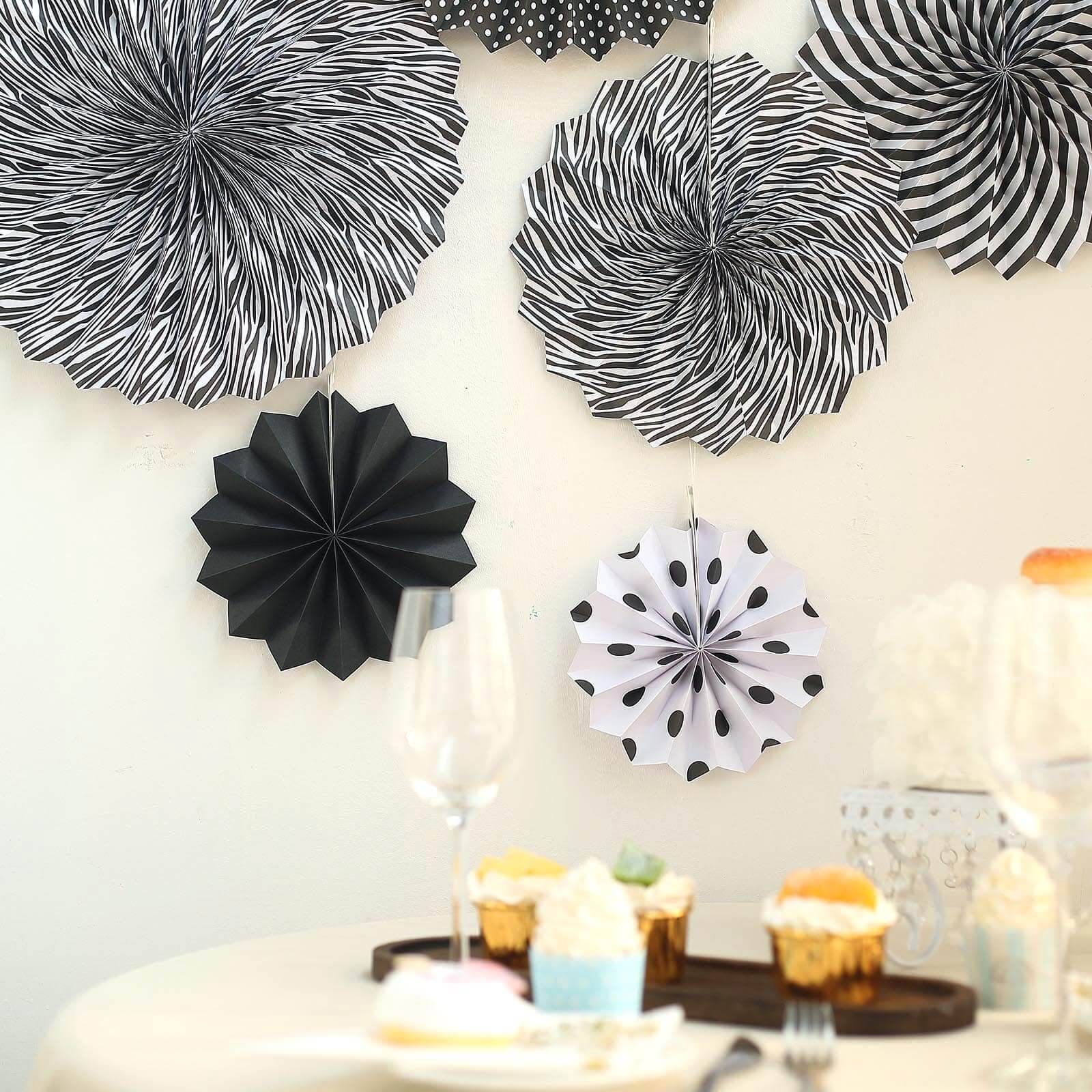 Set of 6 Black White Hanging Paper Fan Decorations, Pinwheel Wall Backdrop Party Kit - 8", 12", 16" - Image 9
