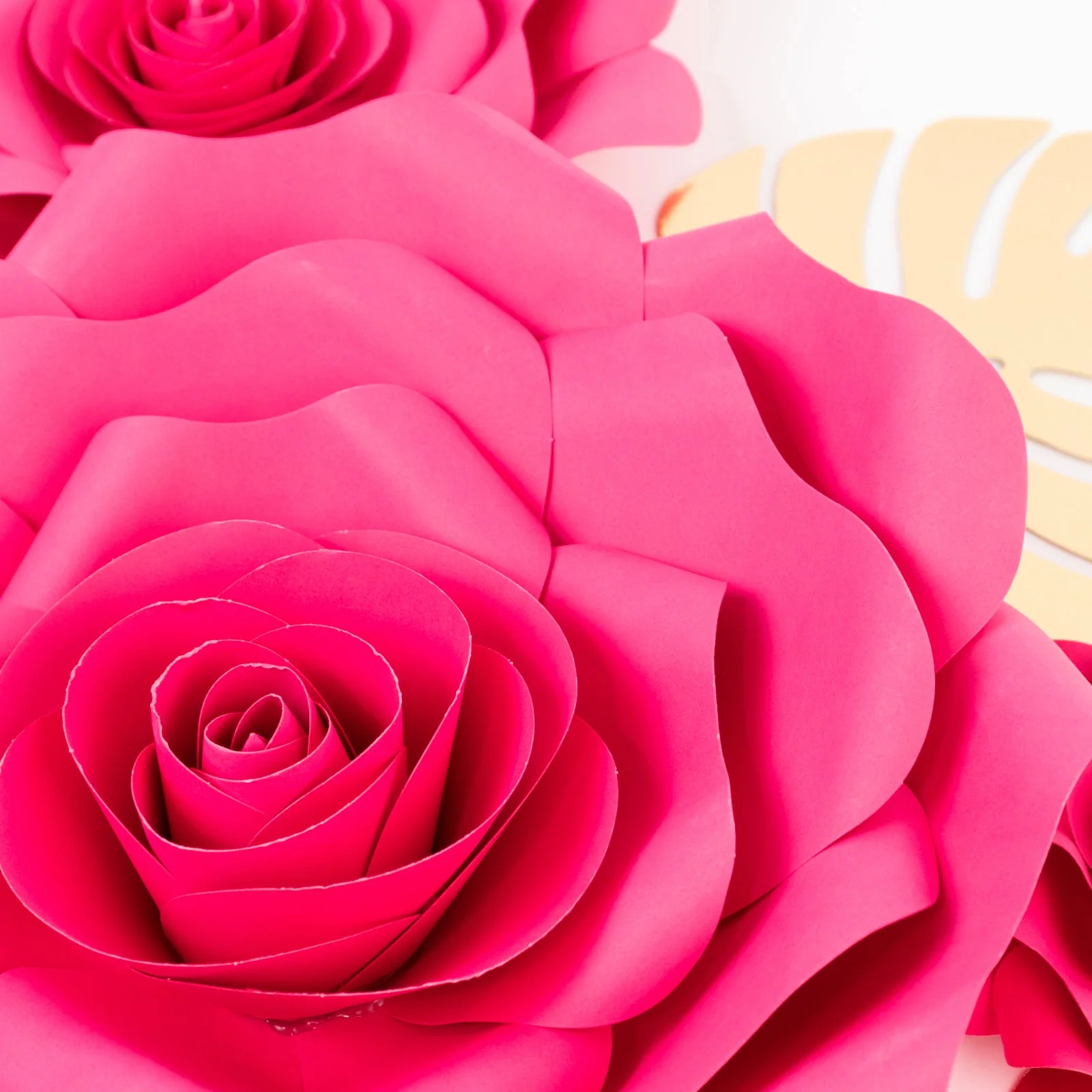 Set of 9 Fuchsia 3D Rose Paper Flowers with Gold Tropical Palm Leaves, Party Flower Backdrop Hanging Wall Decor - Image 10