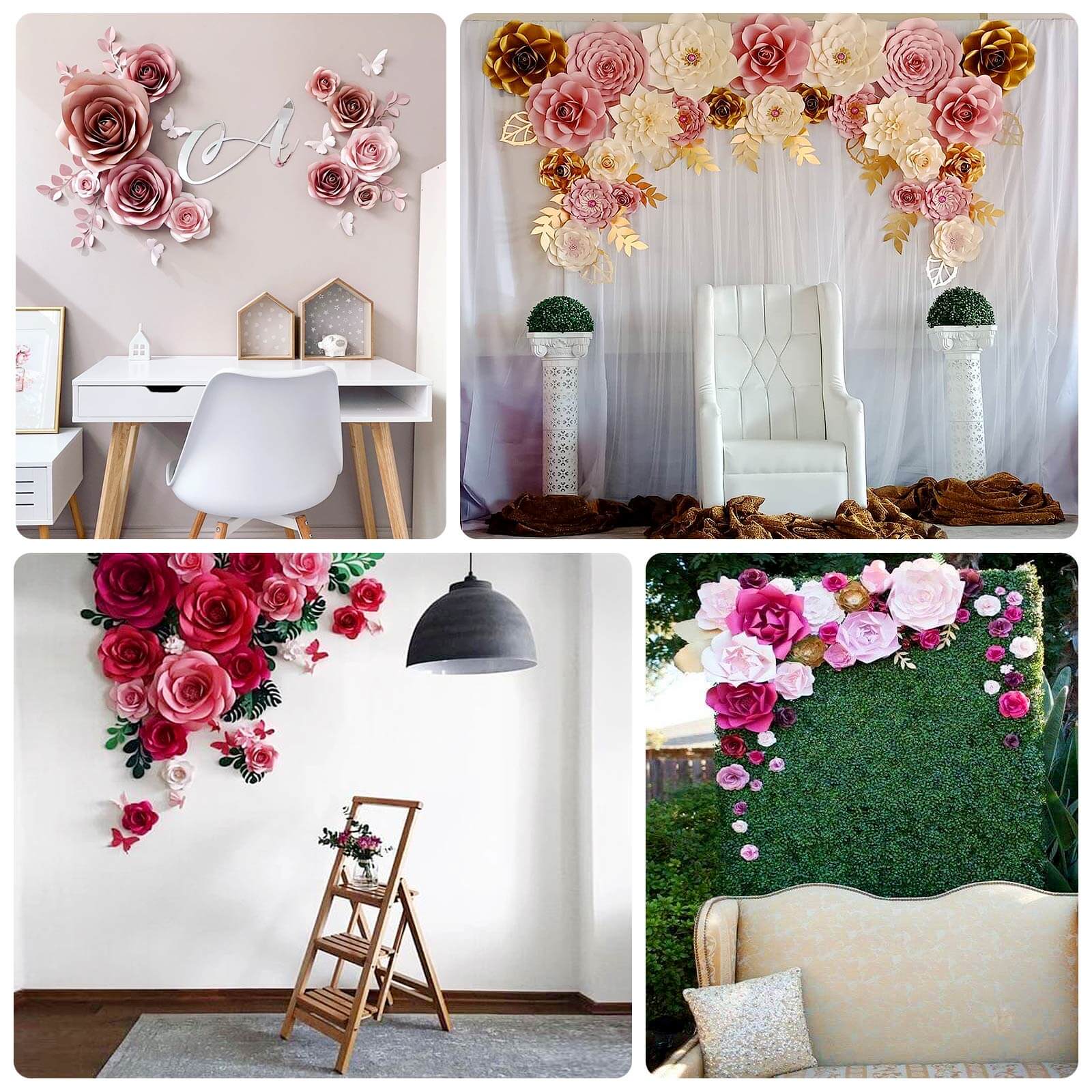 Set of 9 Ivory 3D Rose Paper Flowers with Gold Tropical Palm Leaves, Party Flower Backdrop Hanging Wall Decor - Image 5