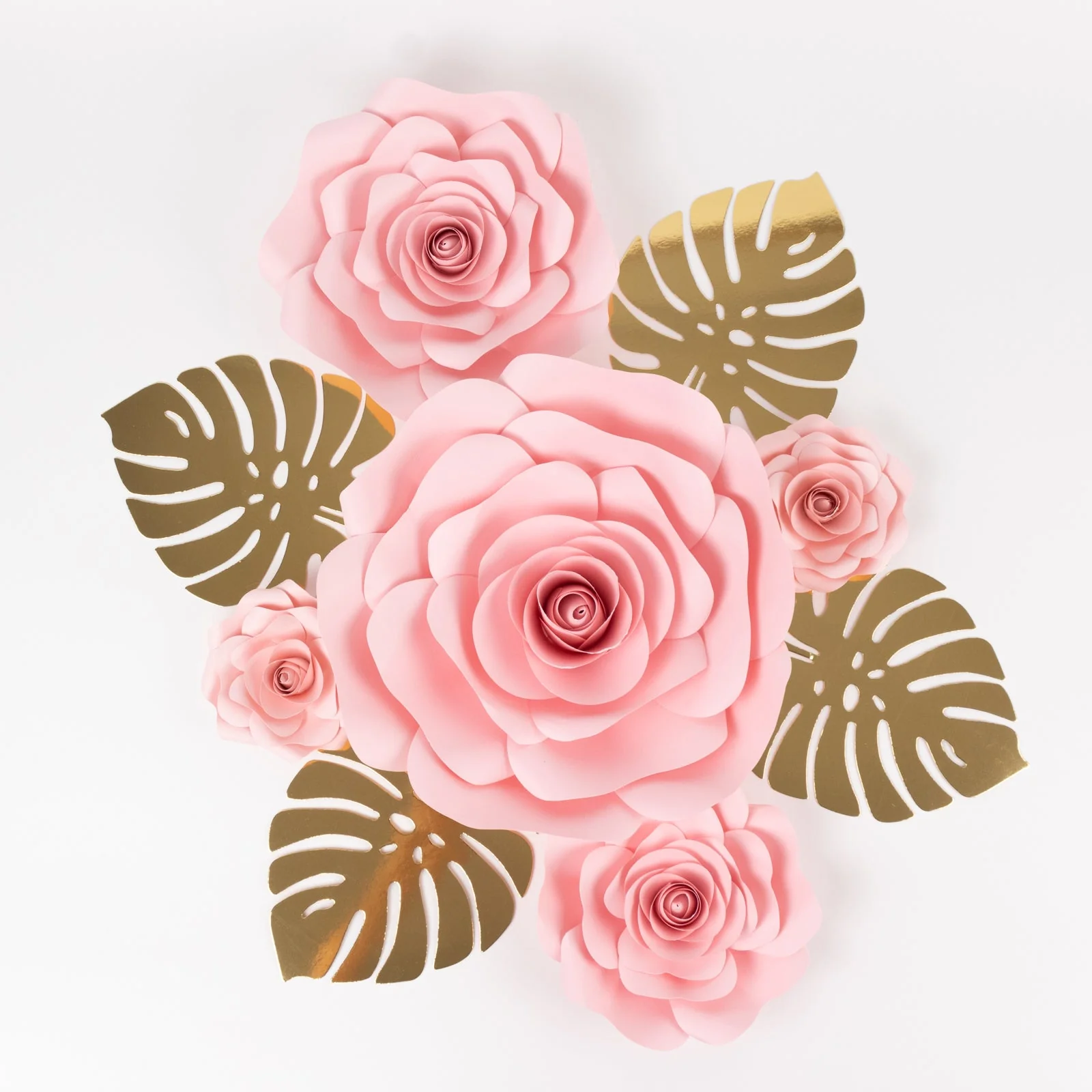 Set of 9 Pink 3D Rose Paper Flowers with Gold Tropical Palm Leaves, Party Flower Backdrop Hanging Wall Decor - Image 6