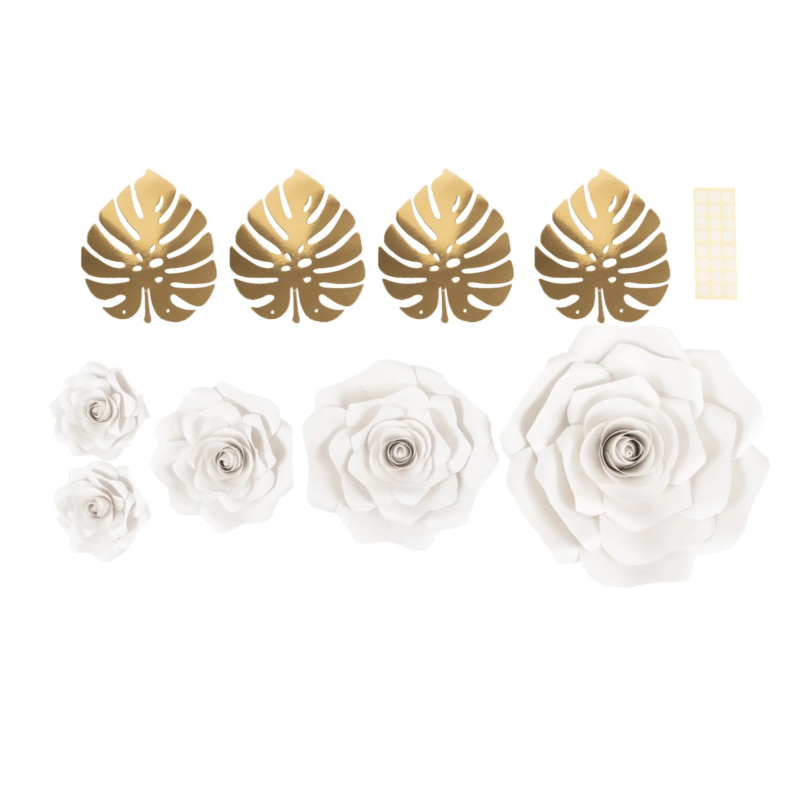 Set of 9 White 3D Rose Paper Flowers with Gold Tropical Palm Leaves, Party Flower Backdrop Hanging Wall Decor - Image 7