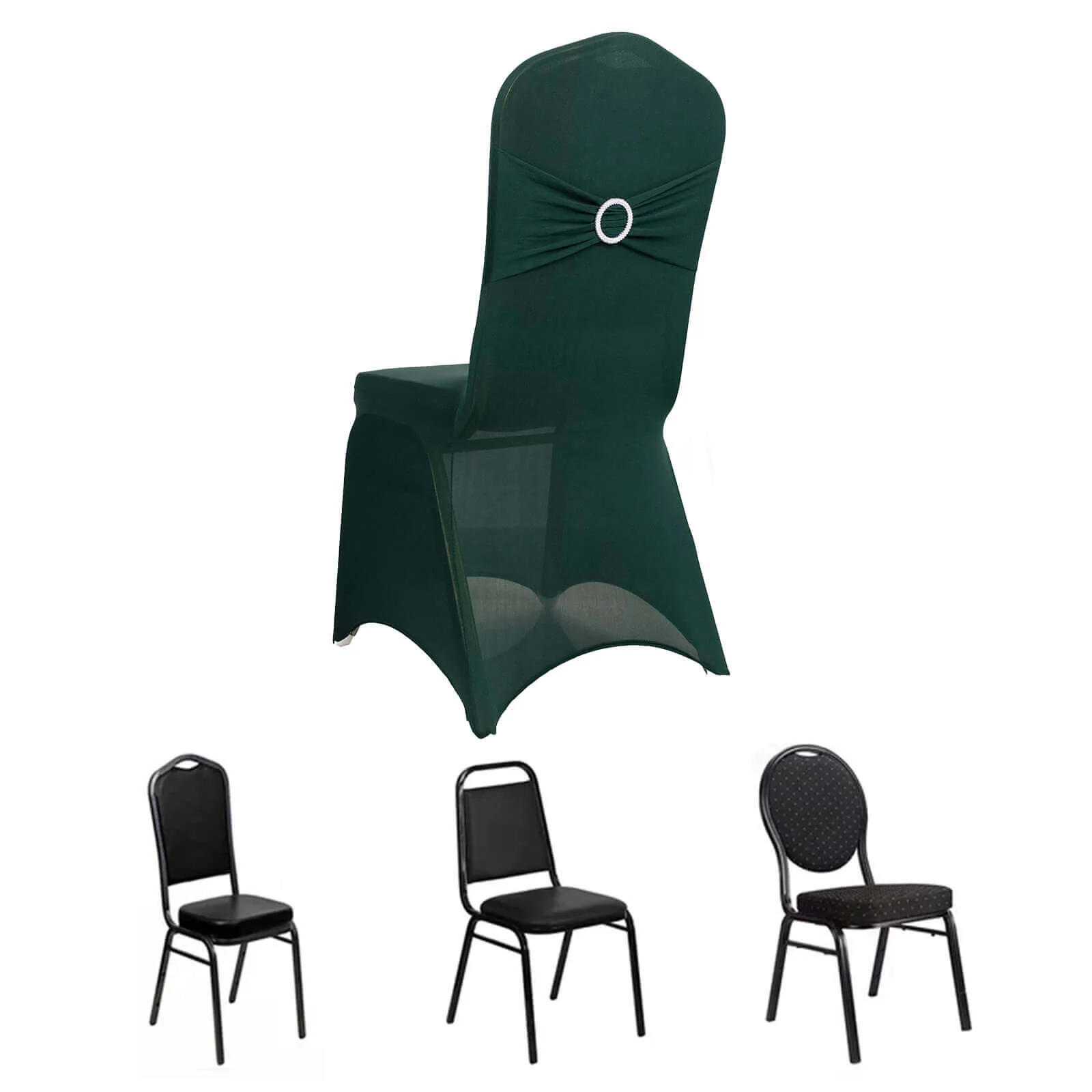 Spandex Chair Cover with Silver Rhinestone Buckled Sash Band Hunter Emerald Green - Stretch Fitted Slipcover - Image 3
