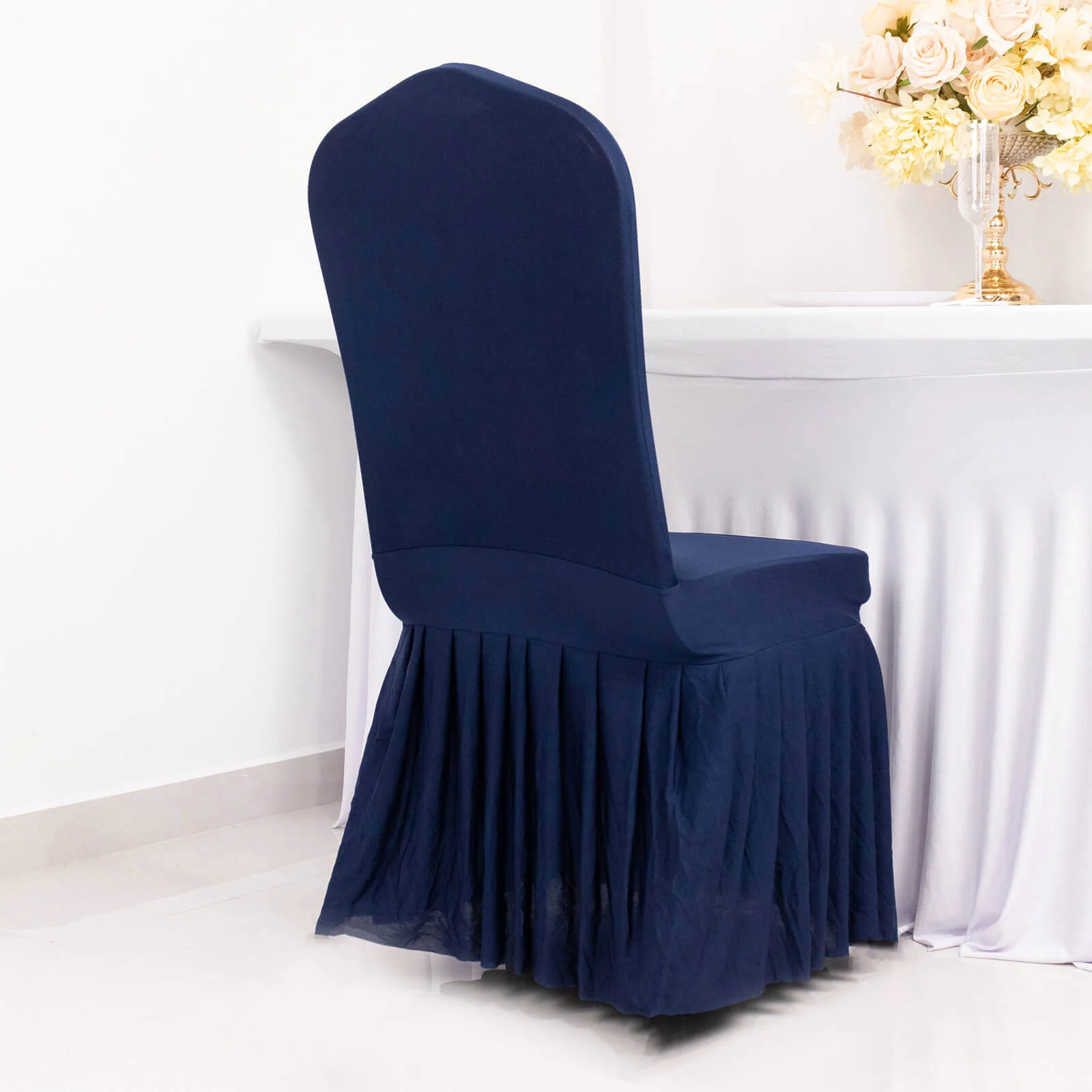 Spandex Chair Cover with Ruffle Pleated Skirt for Banquet Chairs Navy Blue - 1-Piece Stretch Fitted Slipcover - Image 2