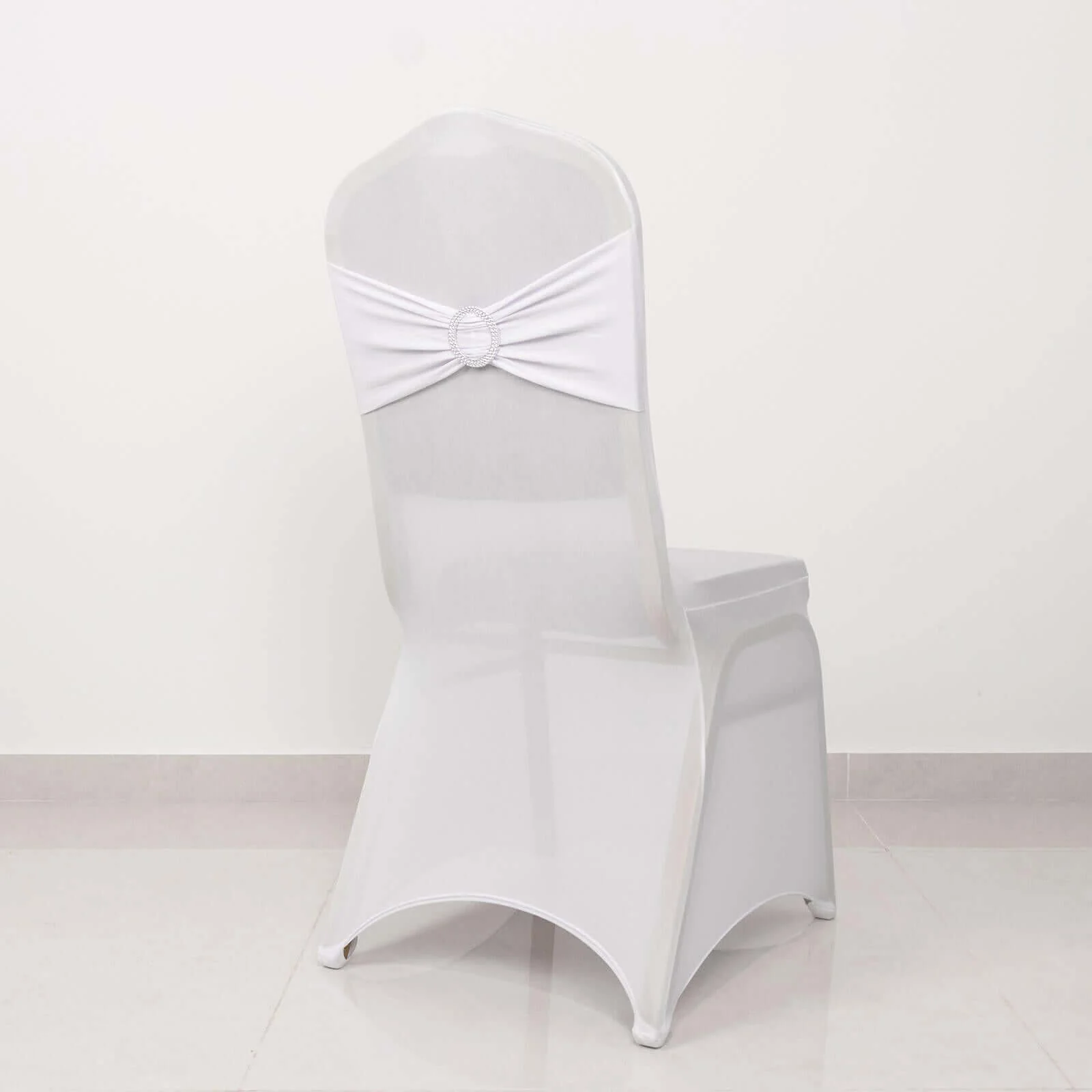 Spandex Chair Cover with Silver Rhinestone Buckled Sash Band White - Stylish Stretch Fitted Slipcover for Banquets & Events - Image 2