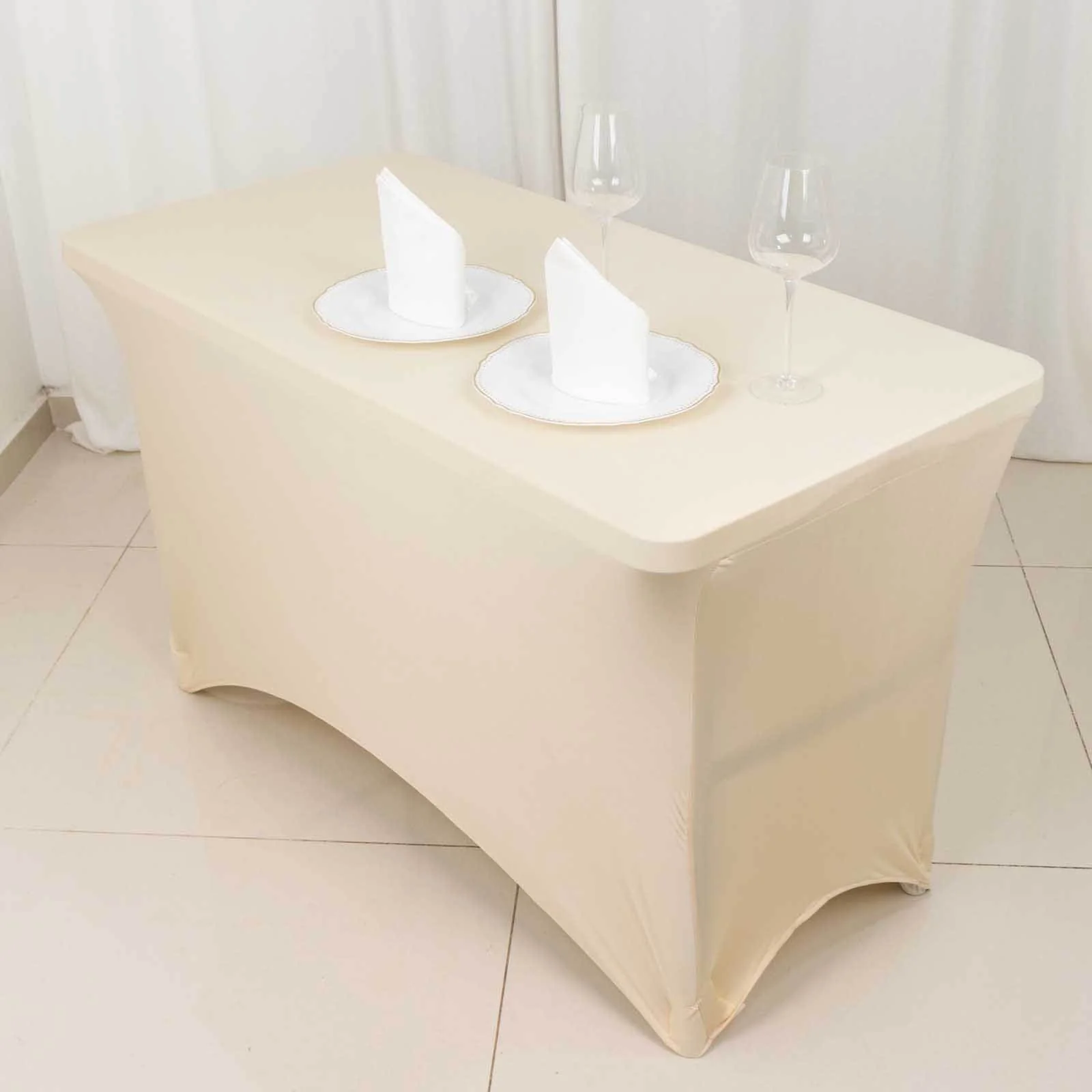 Stretch Spandex 48"x30" Rectangle Tablecloth Beige - Durable Form-Fitting Table Cover - Image 6