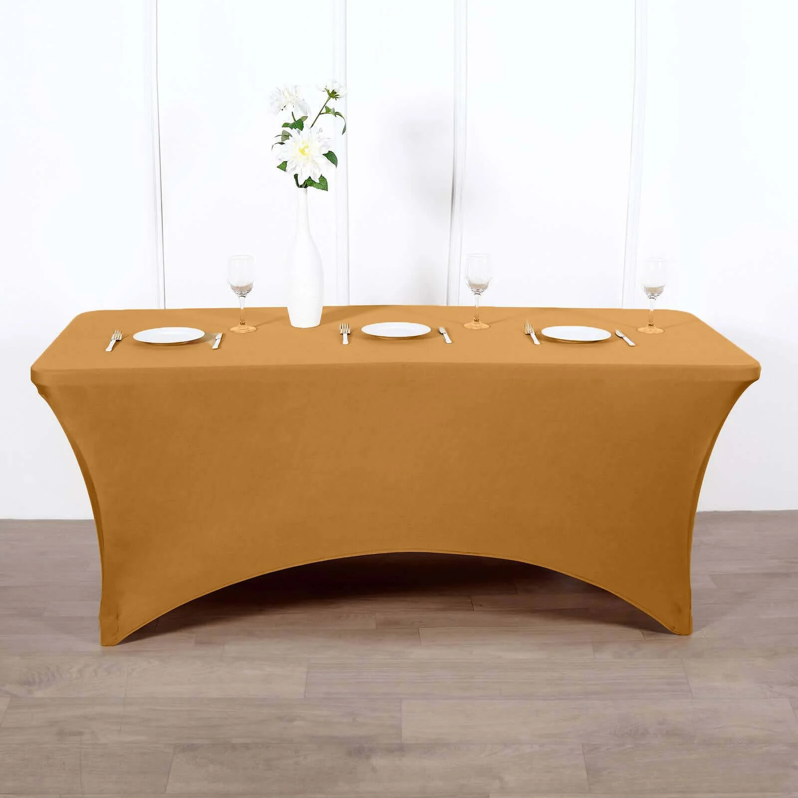 Stretch Spandex 96"x30" Rectangle Table Cover Gold - Durable Form-Fitting Tablecloth for Events & Presentations - Image 2