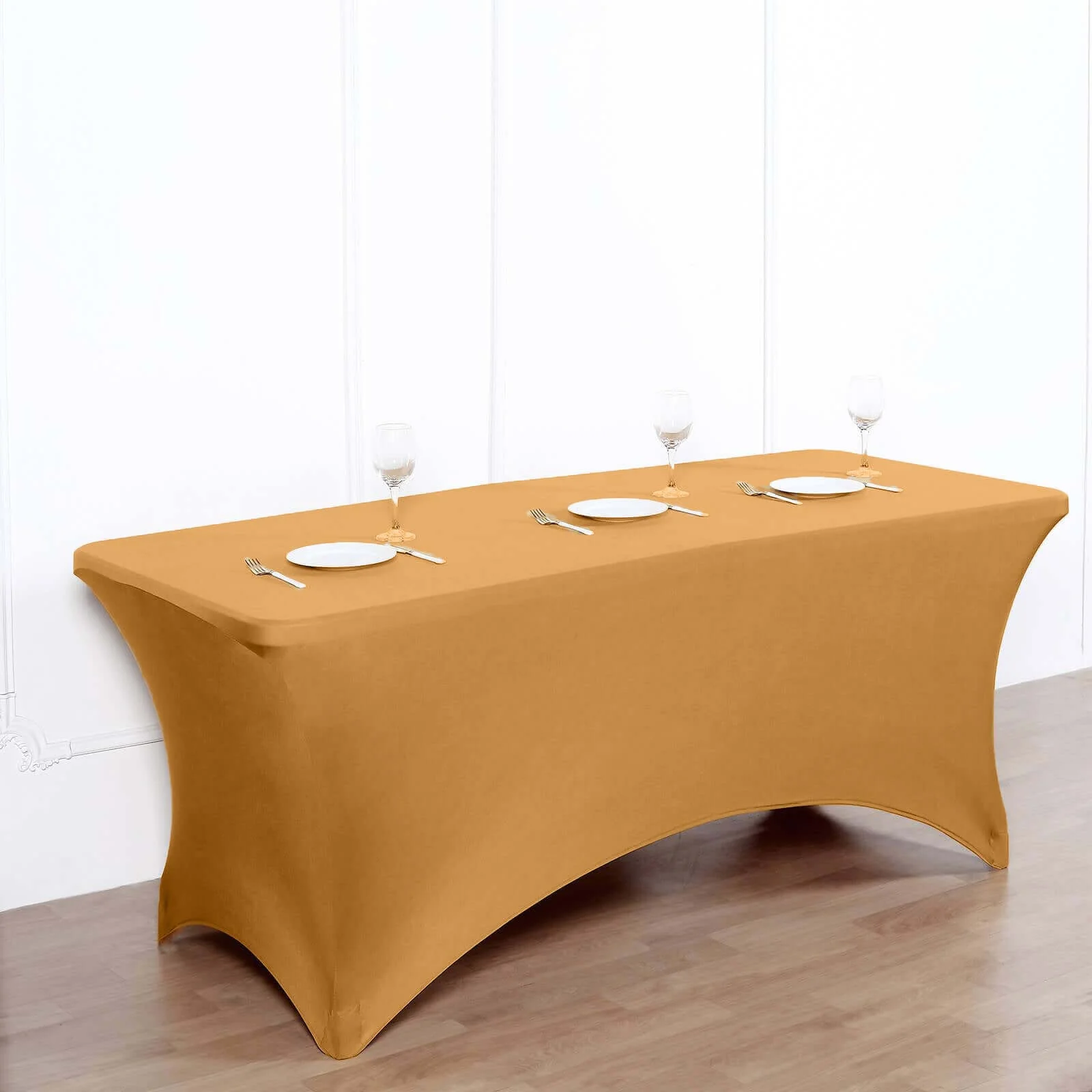 Stretch Spandex 96"x30" Rectangle Table Cover Gold - Durable Form-Fitting Tablecloth for Events & Presentations - Image 3