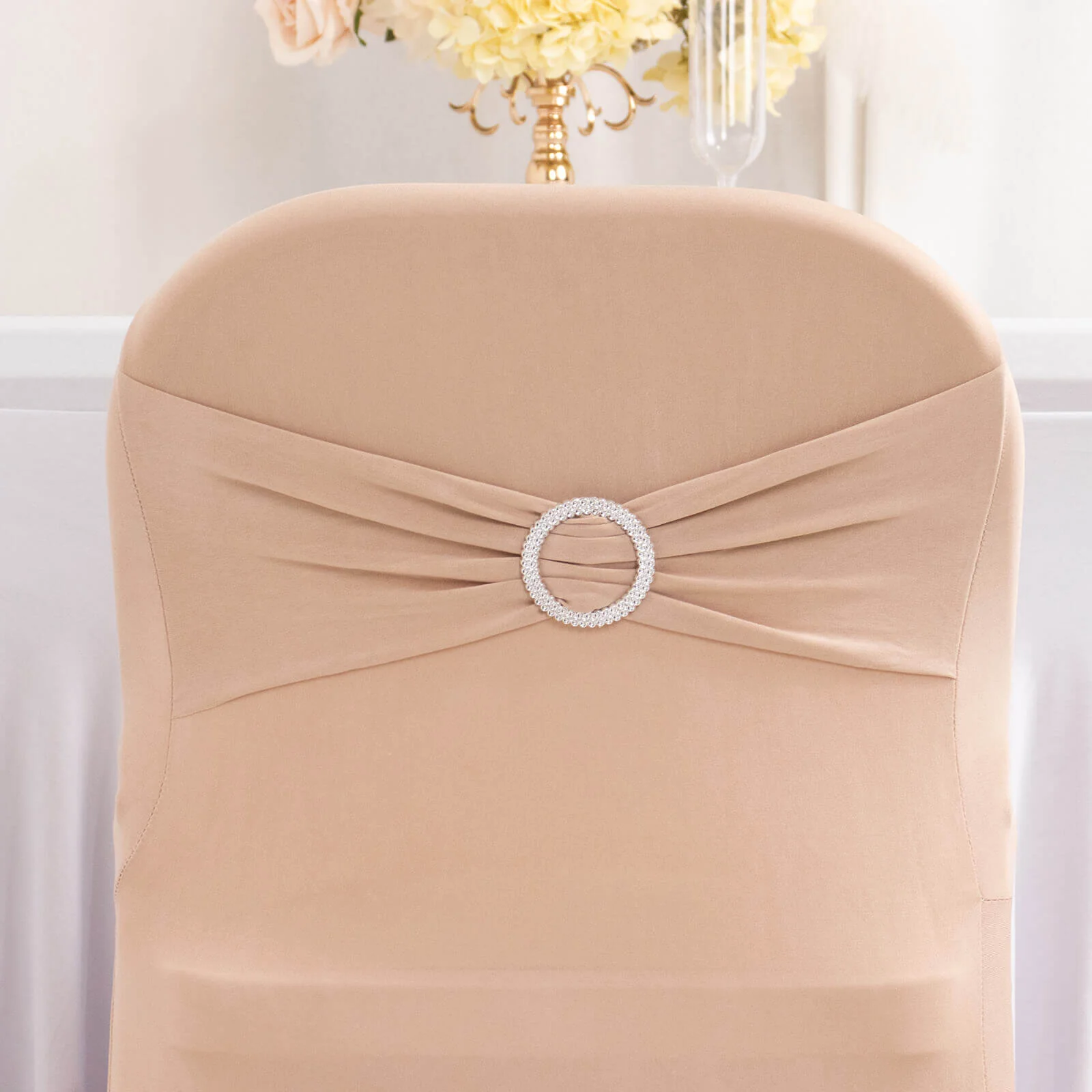Stretch Spandex Chair Cover Nude for Folding Chairs - Secure Fit Slipcover with Silver Rhinestone Buckled Sash Band - Image 2