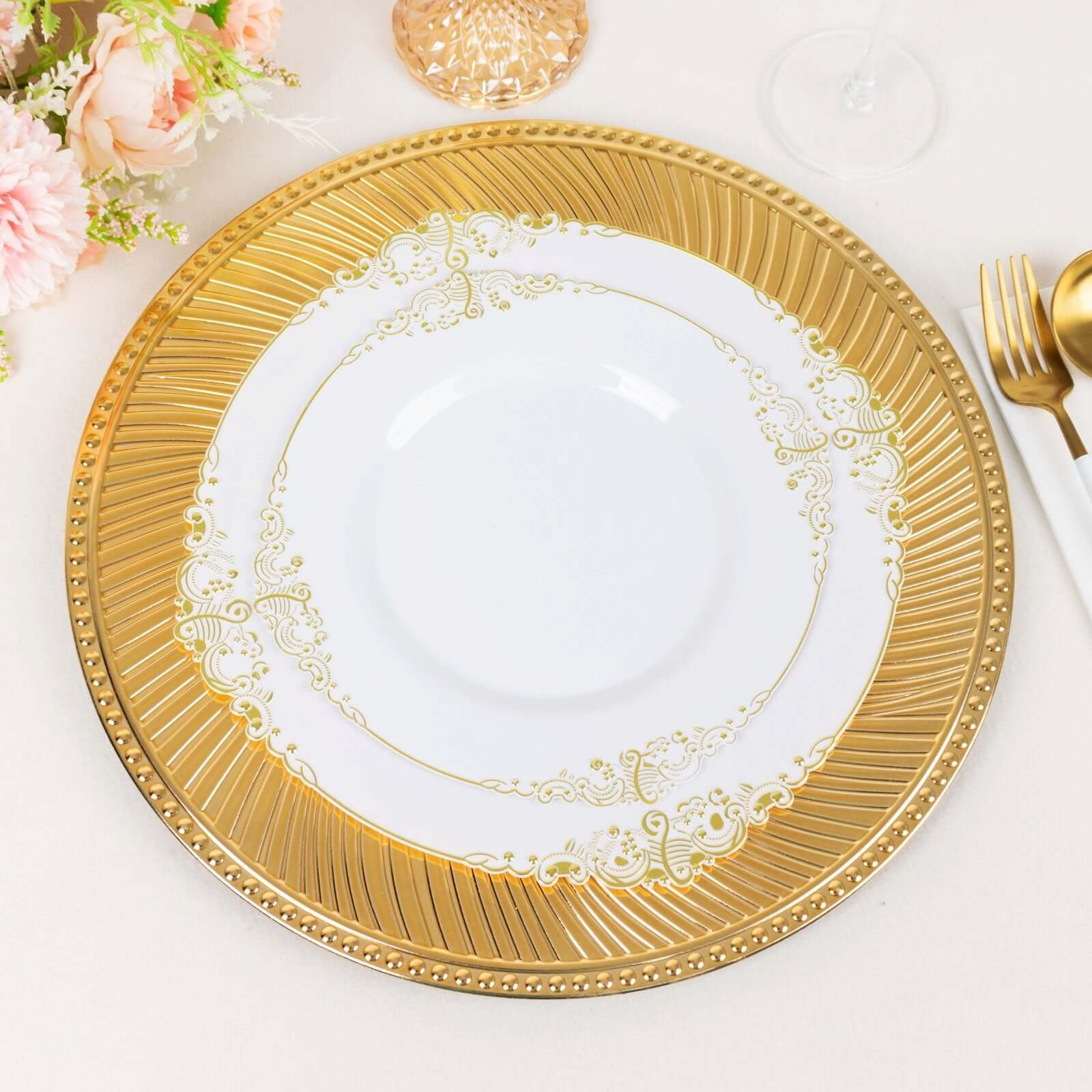6-Pack Acrylic Round Charger Plates 13" in Metallic Gold Swirl Pattern with Beaded Rim, Plastic Decorative Dinner Party Charger Tableware - Image 2