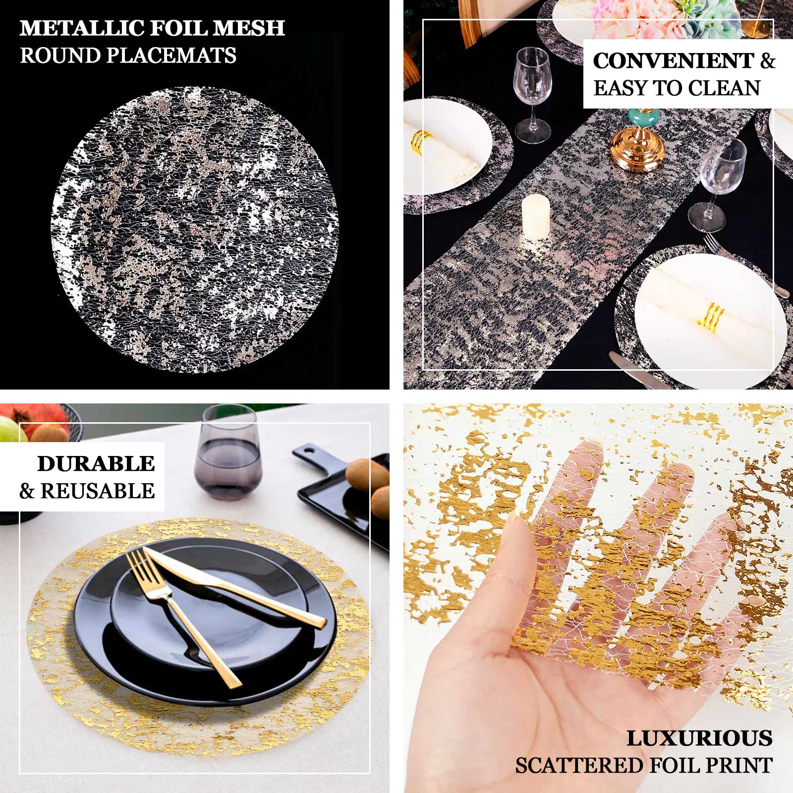 50-Pack Table Placemats Foil Design Metallic Gold Round - Mesh Disposable Shiny Dining Mats 13" - Image 4