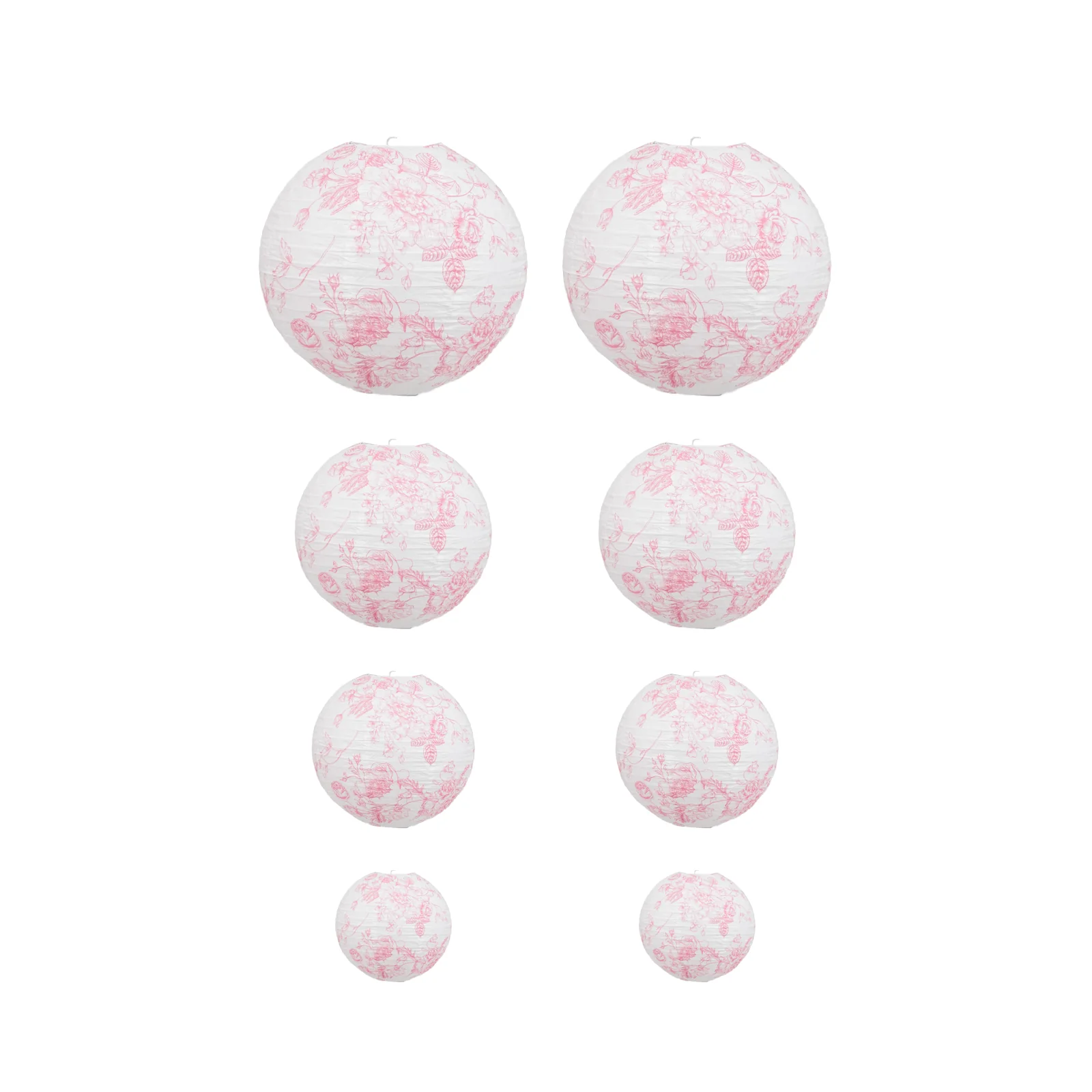 Set of 8 Hanging Paper Lanterns French Toile White with Pink Floral Pattern, Decorative Lanterns - 6", 8", 10", 14" - Image 2