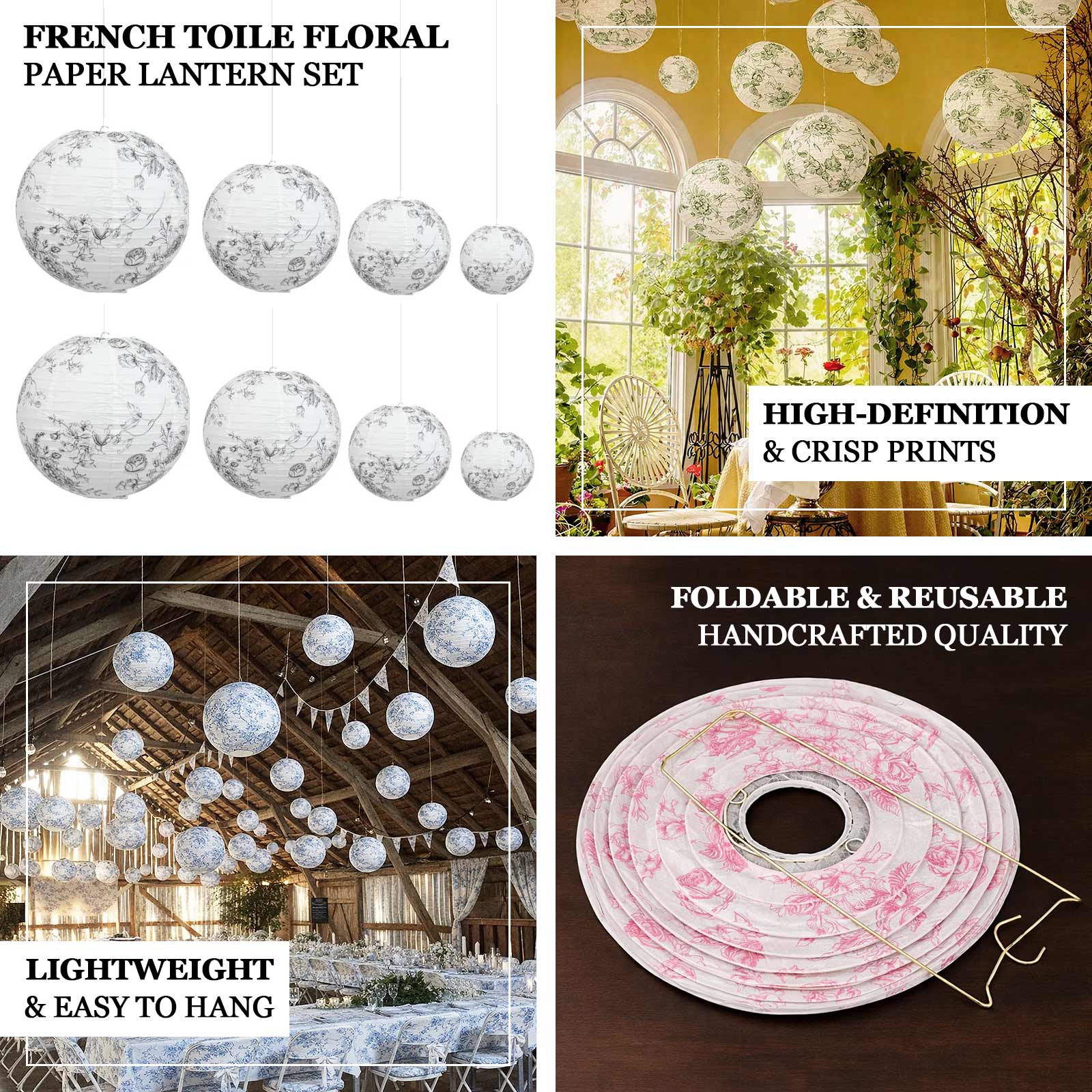 Set of 8 Hanging Paper Lanterns French Toile White with Pink Floral Pattern, Decorative Lanterns - 6", 8", 10", 14" - Image 4