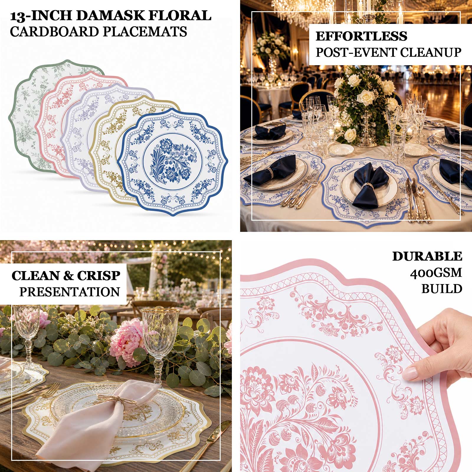 10-Pack Disposable Table Placemats 13" Round Placemats in White with Lavender Damask Floral Pattern & Scalloped Rim - 400GSM Cardboard Placemats for Stylish Table Setting - Image 3